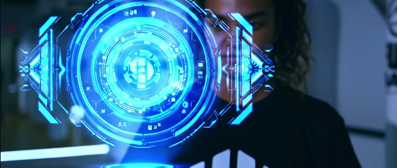 A fighter with holographic tech composited over the shot
